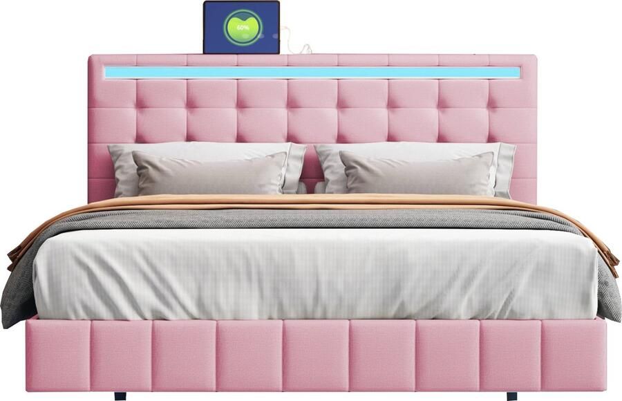 Merax Gestoffeerd Tweepersoonsbed 140x200 cm met LED-Verlichting Luxe Zwevend Bedframe met Verstelbaar Hoofdbord Roze Linnen
