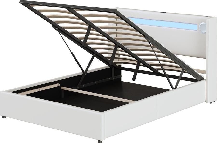 Merax Tweepersoonsbed 140x200 cm Kunstleer Gestoffeerd Bedframe met LED-lichtstrip en Bluetooth-speler Bed met USB-Aansluiting en Hydraulische Opbergruimte Wit