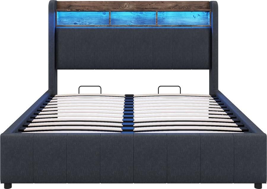 Merax Gestoffeerd Tweepersoonsbed 140x200 cm met LED Verlichting USB-oplaadfunctie Hydraulische Opbergruimte en Hoofdbord met Planken Linnen Grijs