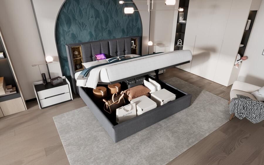 Merax Gestoffeerd Tweepersoonsbed 140x200 cm met Matras en Hydraulisch Opbergruimte – Grijs Bed met Draadloos Opladen en USB-C Aansluiting