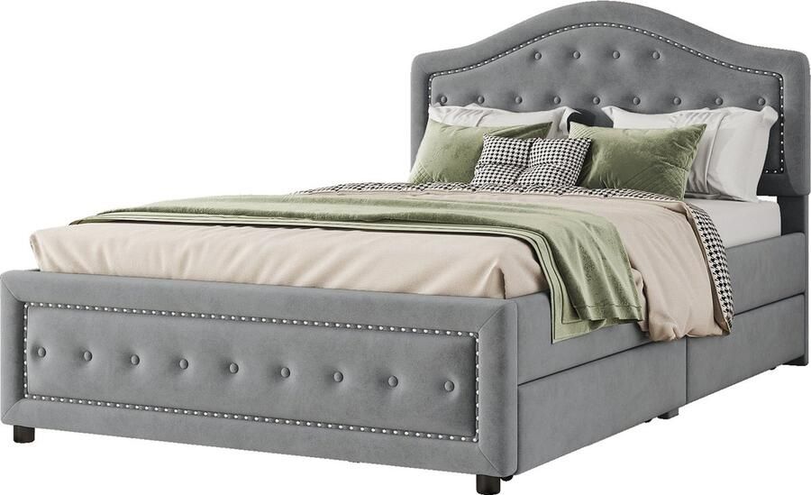 Merax Gestoffeerd Tweepersoonsbed 140x200 cm met Opberglades Luxe Fluwelen Bed met Lattenbodem en Hoofdbord Grijs