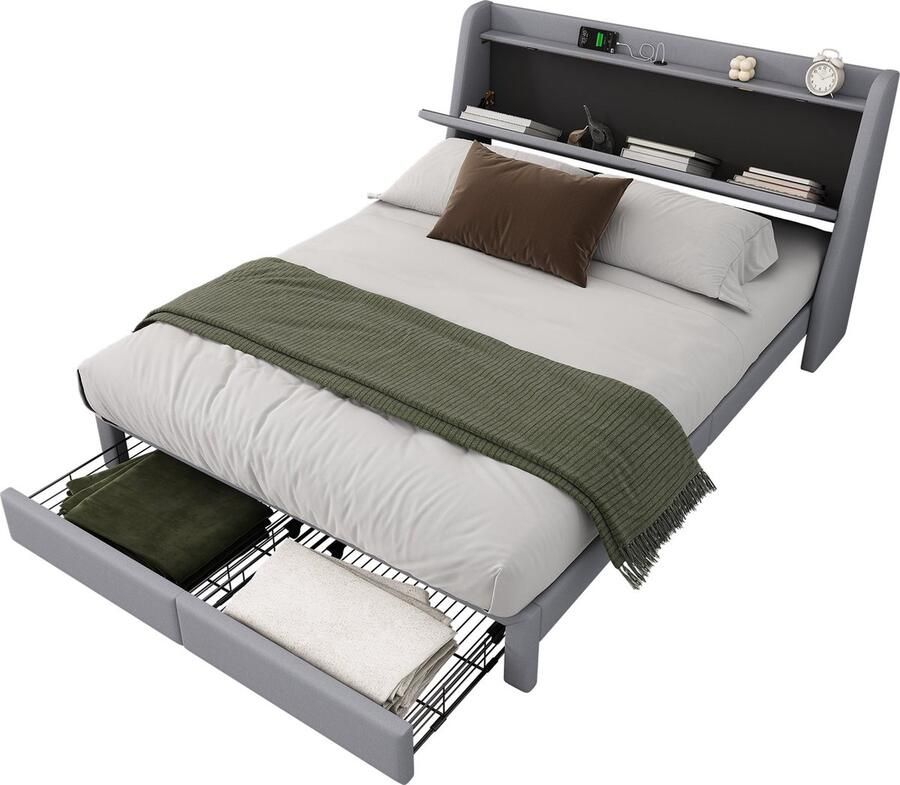 Merax Gestoffeerd Tweepersoonsbed 140x200 cm met Opberglades Praktisch Bed met Hoofdbord en USB Aansluiting Grijs