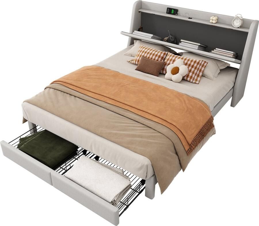 Merax Gestoffeerd Tweepersoonsbed 140x200 cm met Opbergruimte en USB Aansluiting Luxe Bed met Praktisch Hoofdbord Inclusief Ingebouwd Opbergvak Beige