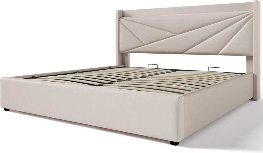 Merax Gestoffeerd Tweepersoonsbed 140x200 cm met Opbergruimte en USB-C Oplaadfunctie – Inclusief Matras en Lattenbodem