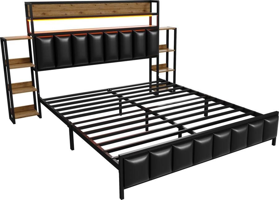 Merax Gestoffeerd Tweepersoonsbed 140x200 cm met Opbergruimte Luxe Bed met LED Verlichting en Sierlijk Hoofdbord Zwart Kunstleer