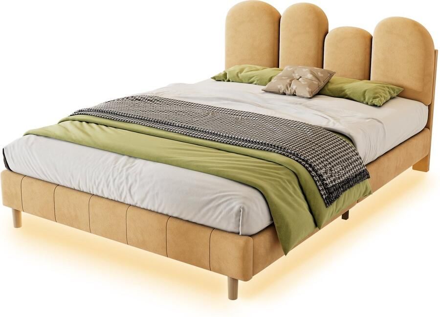 Merax Gestoffeerd Tweepersoonsbed 140x200 cm met Ronde Vormen in Hoofdbord Kinderbed met LED Lichtstrip Khaki