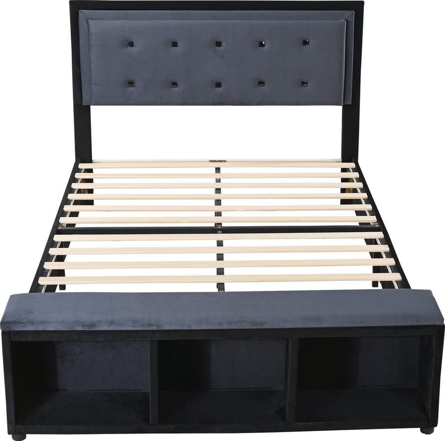 Merax Gestoffeerd Tweepersoonsbed 140x200 cm met Ruime Opbergruimte Luxe Gestoffeerd Bed in 2-Tonig Design met Verstelbaar Hoofdbord en Zitvlak Voeteneinde met Opbergruimte Grijs Fluweel