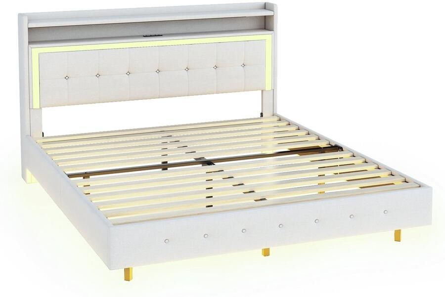 Merax Gestoffeerd Bed 140x200 cm met USB-aansluiting en LED-verlichting Beige Linnen Versteekte Voeten en Stabiele Houten Lattenbodem - Foto 2