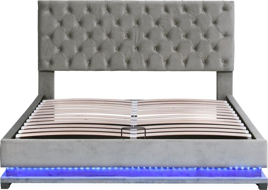 Merax Gestoffeerd Tweepersoonsbed 140x200 cm met Verstelbaar Hoofdbord Bed met LED in Kleuren en Hydraulisch Opbergruimte Grijs