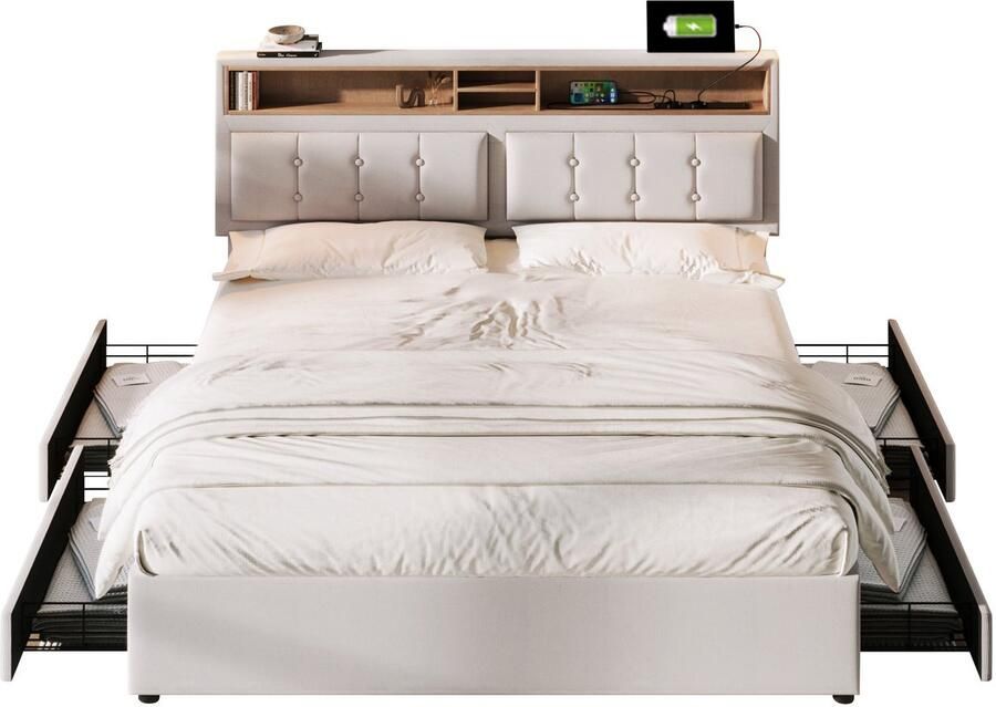 Merax Gestoffeerd Bed 140x200 cm met Verstelbaar Hoofdbord en LED Verlichting Opbergruimte met 4 Schubladen en USB Typ-C Aansluitingen Hellbeige Linnen