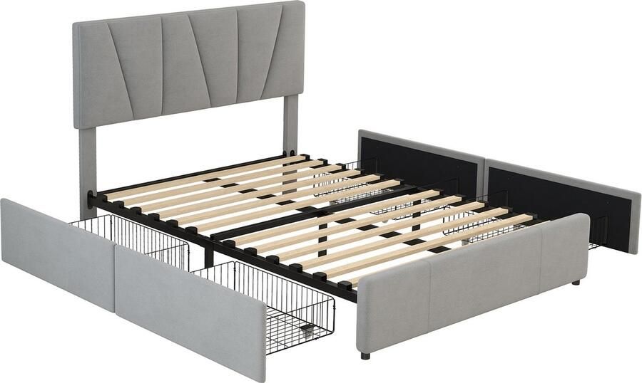 Merax Gestoffeerd Tweepersoonsbed 140x200 cm met Verstelbaar Hoofdbord en Opbergruimte Luxe Bed met 4 Opberglades Grijs
