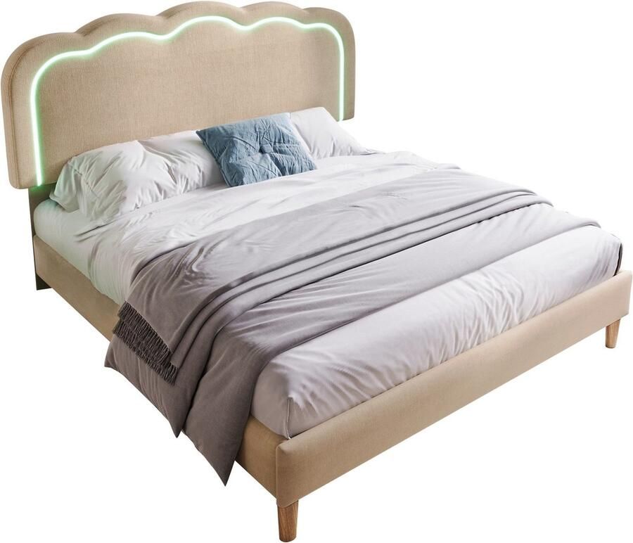 Merax 140x200cm LED Bed met Verstelbaar Hoofdbord Gepolsterd Bed met Lattenbodem Beige Linnen Voor Slaapkamer en Logeerkamer - Foto 2