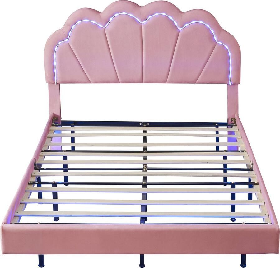 Merax Gestoffeerd Tweepersoonsbed 140x200 cm met Verstelbaar Hoofdbord Luxe Bed met LED-Verlichting Zwevend Bedframe Roze