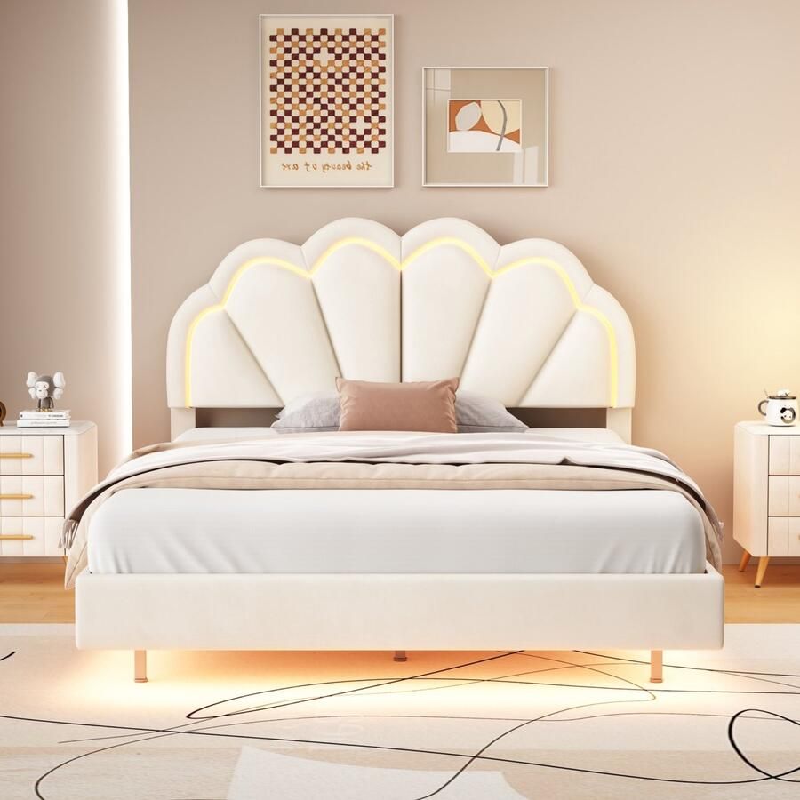 Merax Gestoffeerd Bed 140 x 200 cm Zwevend Bedframe met LED-verlichting Hoofdbord Design Tweepersoons Logeerbed van Huidvriendelijk Fluwelen Stof Beige - Foto 2