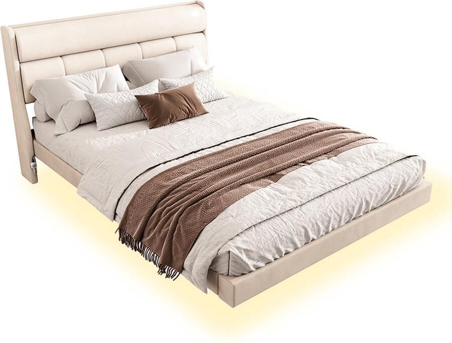 Merax Gestoffeerd Tweepersoonsbed 140x200 cm Zwevend Design Bedframe met Bewegingssensor Verlichting Fluwelen Bed Beige