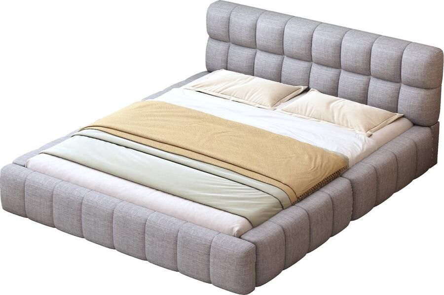 Merax Polsterbed 140 x 200 cm Jeugd- en Doppelbett met Zachte Rugleuning Flachbett met Gevoerde Rand Inclusief Lattenbodem (Zonder Matras)