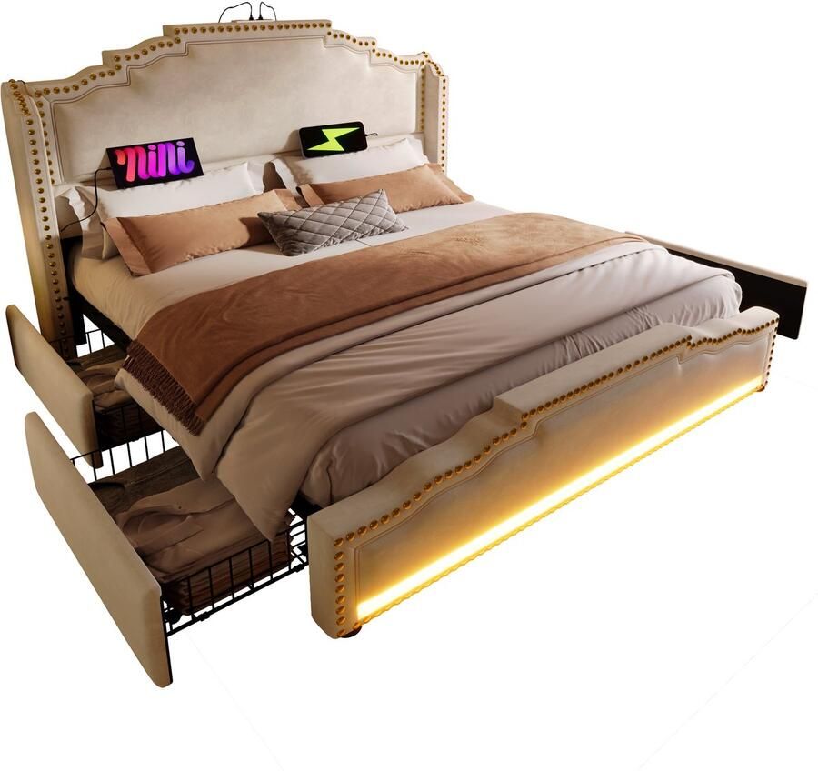 Merax Gestoffeerd Bed 180x200 cm – Bed met Opbergruimte – Fluweel Beige – 4 Schuifladen – LED Verlichting met Afstandsbediening – USB & Type-C Oplaadpunten – Zonder Matras