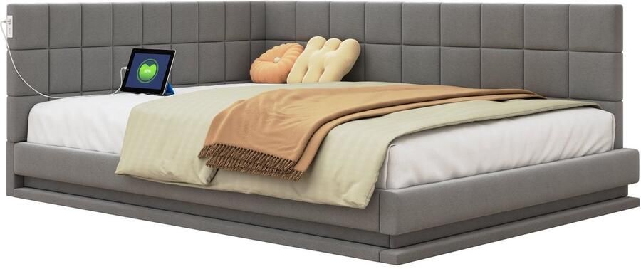 Merax Gestoffeerd Tweepersoonsbed 140x200 met Lattenbodem – Multifunctioneel Bed met LED Verlichting en USB Aansluiting – Grijs