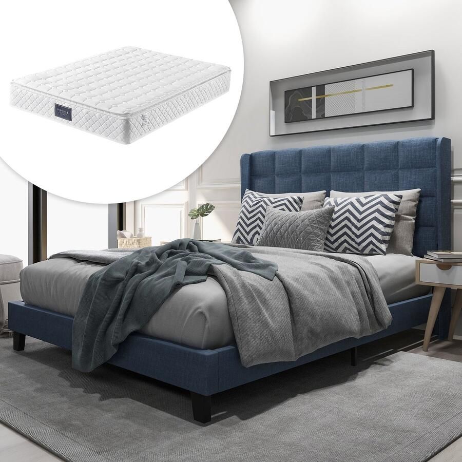 Merax Gestoffeerd Tweepersoonsbed 140x200cm met 7-Zone Koudschuim Matras Luxe Bed met Lattenbodem Blauw