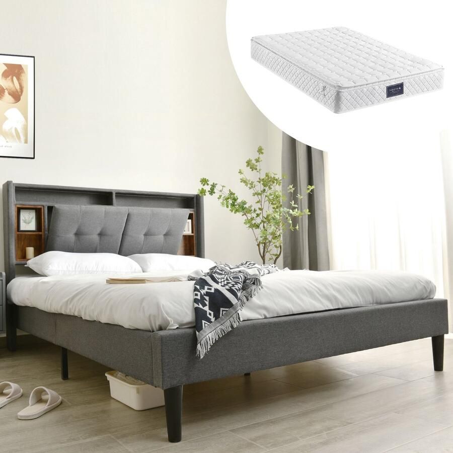 Merax Gestoffeerd Tweepersoonsbed 140x200cm met 7-Zones Koudschuim Matras Bed met USB-Aansluiting LED-Verlichting en Opbergruimte Grijs