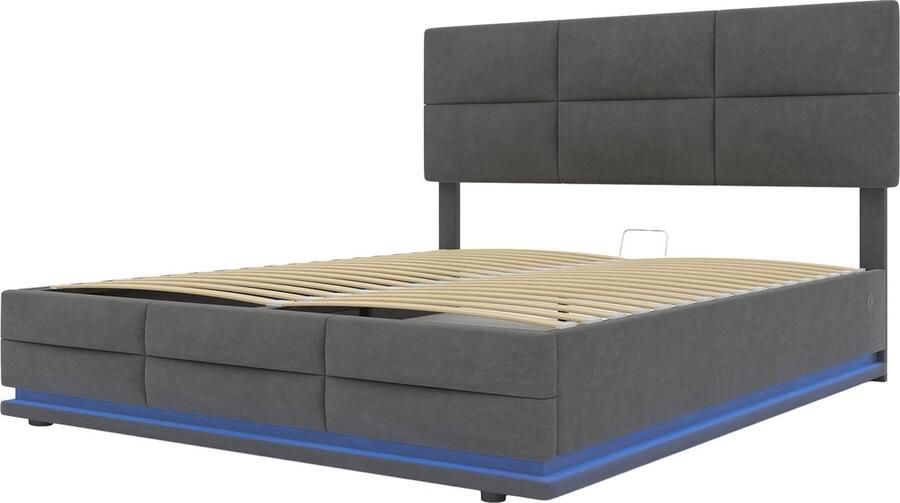 Merax Gestoffeerd Tweepersoonsbed 140x200cm Velvet Bed met LED-Verlichting en USB Aansluiting Hydraulisch Lattenbodem voor Opbergruimte Grijs