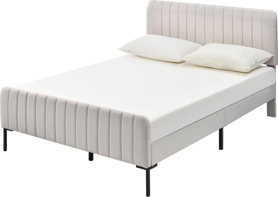 Merax Gestoffeerd Bed 180x200 cm Verstelbaar Hoofdbord en Houten Lattenbodem Grijs-Beige Bedframe voor Slaapkamer of Logeerkamer - Foto 2