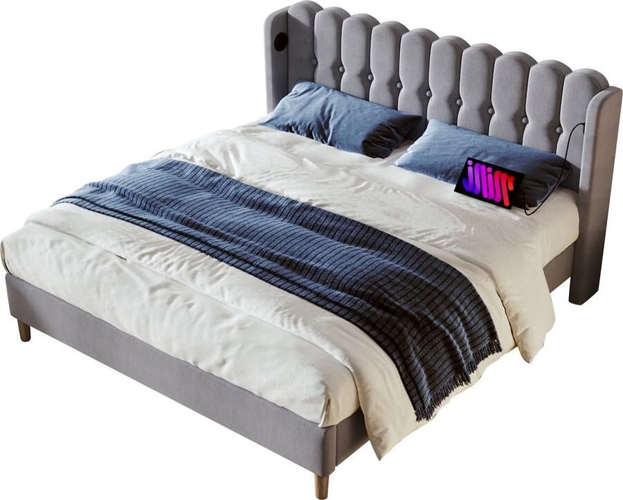 Merax Gestoffeerd Bed 140x200 cm Met USB Type-C Oplaadfunctie Grijs Linnen Inclusief Lattenbodem