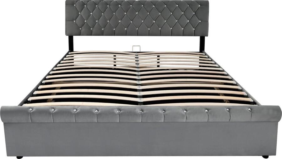 Merax Gestoffeerd Tweepersoonsbed 160x200 cm Bedframe met Lattenbodem en Verstelbaar Hoofdbord Fluwelen Bed met Hydraulische Opbergruimte Grijs