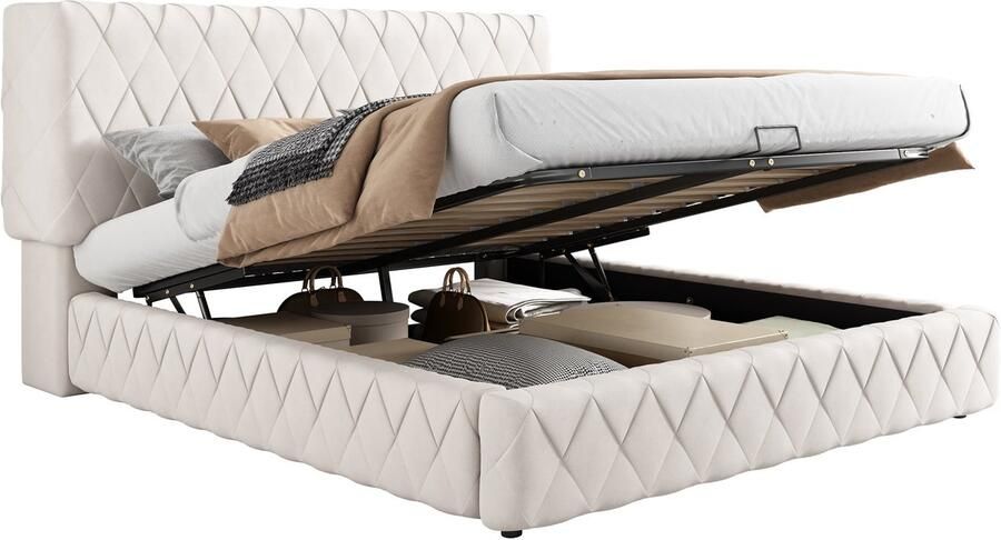 Merax Gestoffeerd Tweepersoonsbed 160x200 cm – Beige Fluweel – Bed met Hydraulische Opbergruimte