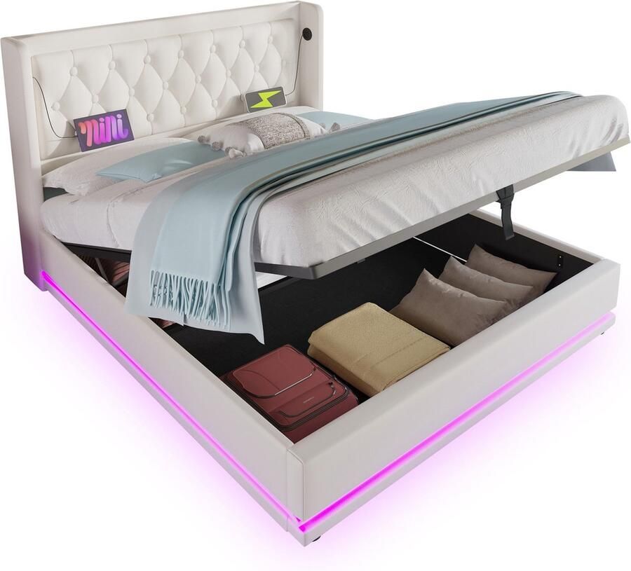 Merax Gestoffeerd Queensize Bed 160x200 cm met 3-Zijdige LED Verlichting USB Type-C Oplaadfunctie en Hydraulische Opbergruimte Wit PU Materiaal (zonder matras)