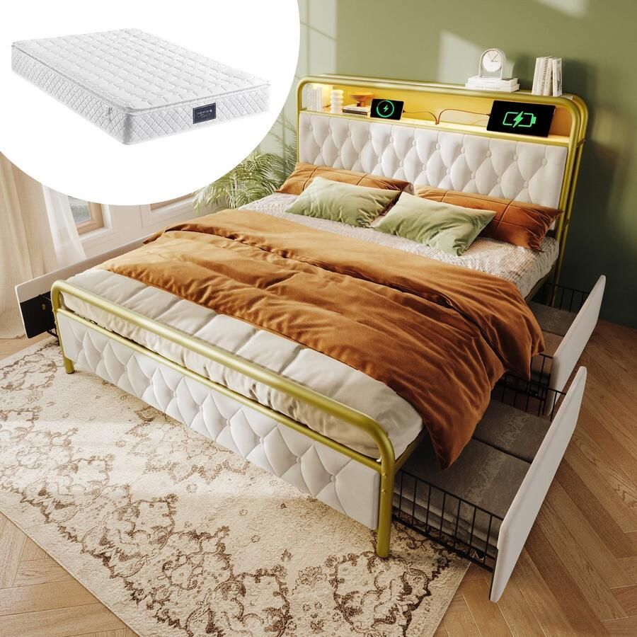 Merax Gestoffeerd Tweepersoonsbed 160x200 cm inclusief 7-Zone Koudschuim Matras Bedframe met USB-C Oplaadfunctie en via APP-bedienbaar LED-Verlichting 4 Lades Wit Fluweel