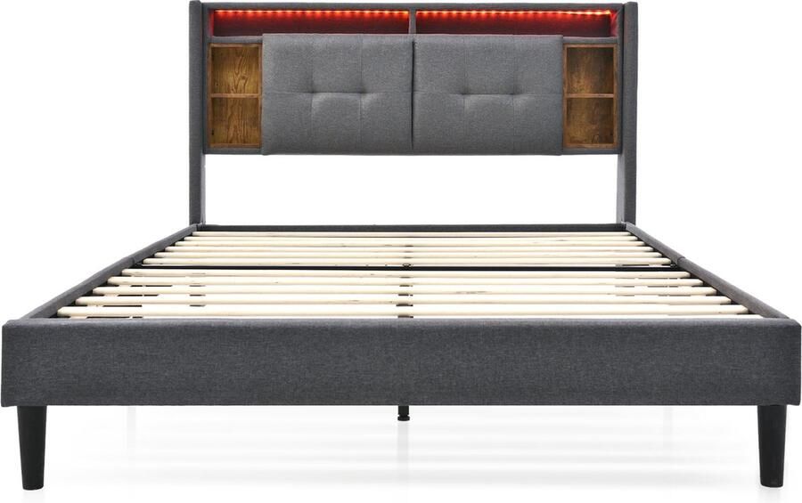 Merax Gestoffeerd Tweepersoonsbed 160x200 cm Inclusief Koudschuim Matras en Hoofdbord met Opbergruimte Bed met USB Oplaadpunten en LED-Verlichting Grijs