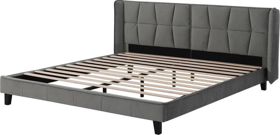 Merax Gestoffeerd Tweepersoonsbed 160x200 cm Luxe Bed met Lattenbodem en Hoofdbord Fluweel Grijs