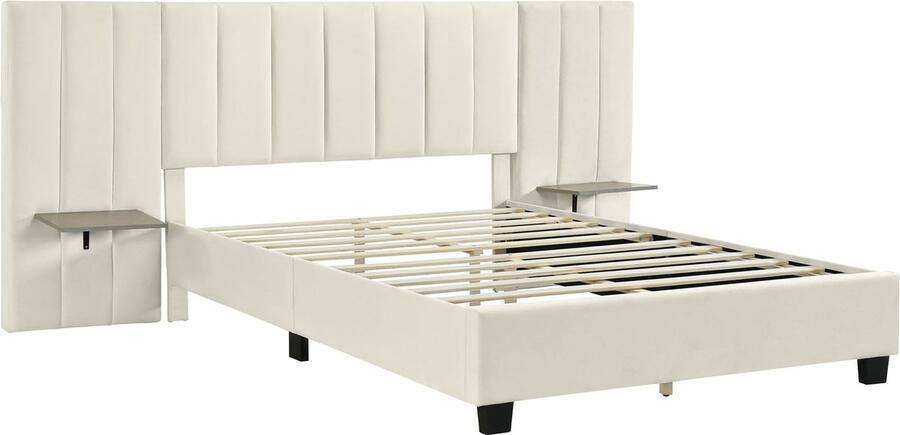 Merax Gestoffeerd Tweepersoonsbed 160x200 cm Luxe Fluwelen Bed met Verlengd Hoofdbord en Plank aan Beide Zijden Inclusief Lattenbodem Beige