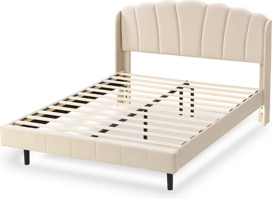 Merax Gestoffeerd Tweepersoonsbed 160x200 cm met Bewegingsgevoelige LED-verlichting Luxe Bed met Lichtstrips bij Bedhoofd en Voeteneinde Beige