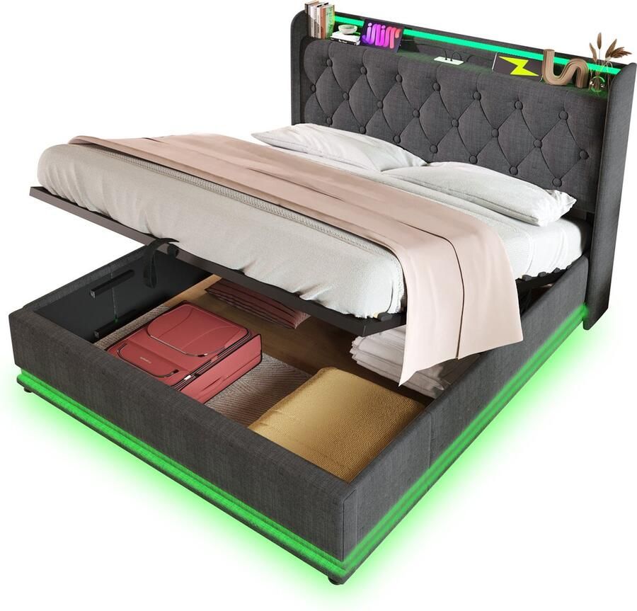 Merax Gestoffeerd Tweepersoonsbed 160x200 cm met Bijpassend Koudschuim Matras en Hydraulisch Opbergruimte Bed met USB Type-C Oplaadfunctie en LED Verlichting Grijs Linnen