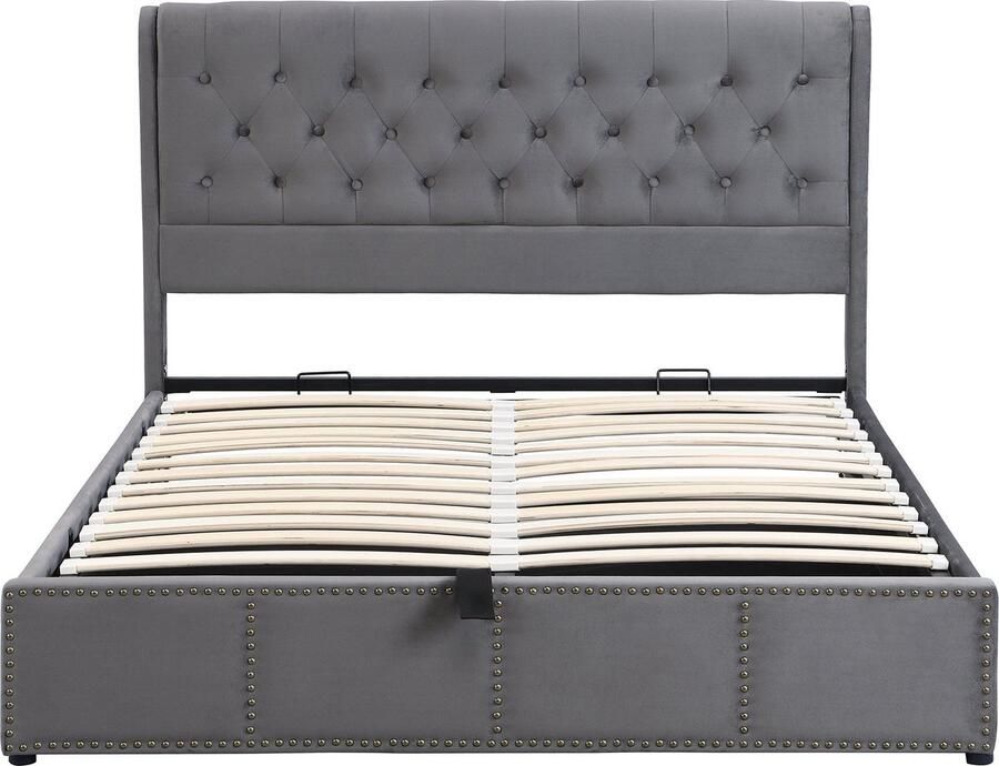 Merax Gestoffeerd Tweepersoonsbed 180x200 cm met Hydraulisch Opbergsysteem Nietenversiering Velours Grijs (Zonder Matras)