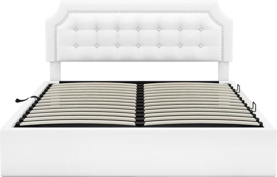 Merax Gestoffeerd Tweepersoonsbed 160x200 cm met Hydraulische Opbergruimte Bed in Minimalistisch Wit Design en Ruime Opslag
