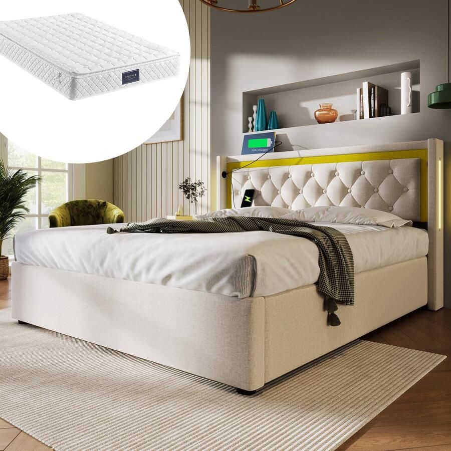 Merax Gestoffeerd Tweepersoonsbed 160x200 cm met Koudschuim Matras Bed met Opbergruimte en USB Type-C Aansluiting Beige