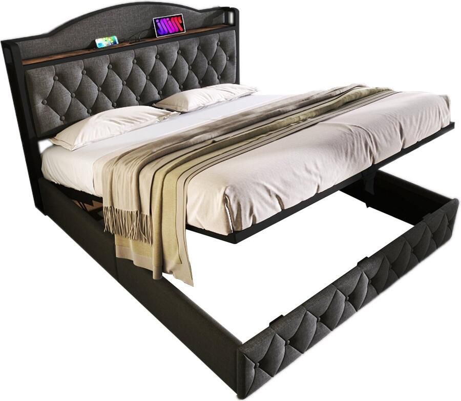 Merax Gestoffeerd Tweepersoonsbed Inclusief Koudschuim Matras 140x200 cm Bed met USB Type-C en Hydraulische Opbergruimte Grijs