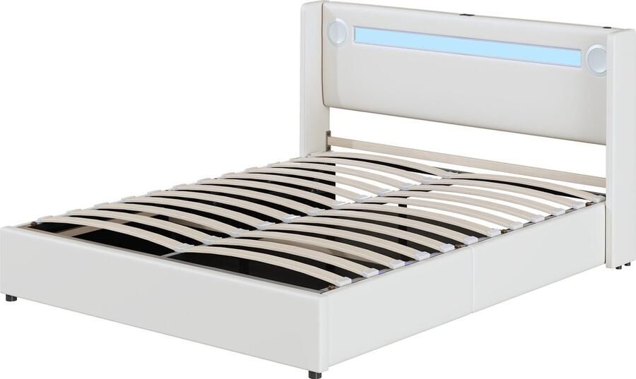Merax Gestoffeerd Tweepersoonsbed 160x200 cm met LED Verlichting en Bluetooth Speler Kunstleer Gestoffeerd Bed met USB Aansluiting Wit - Foto 2