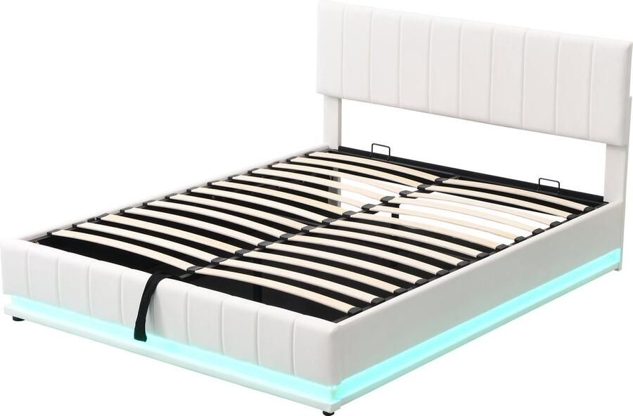 Merax Gestoffeerd Tweepersoonsbed 160x200 cm met LED Verlichting Kunstleren Bekleding Hydraulische Opbergruimte en Verstelbaar Hoofdbord Wit (zonder Matras)