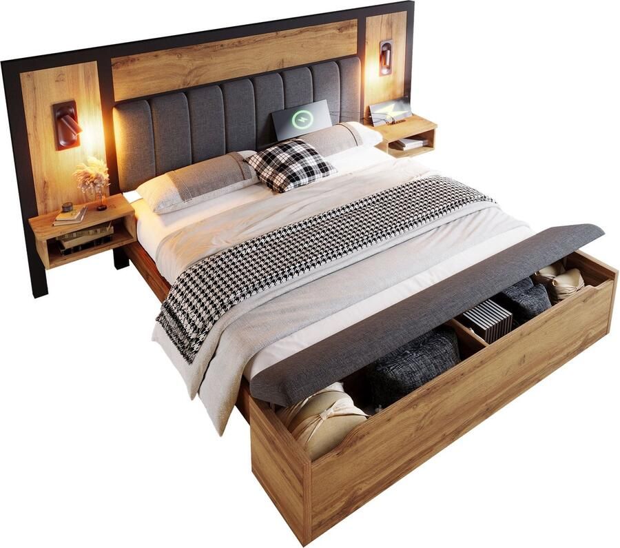 Merax Gestoffeerd Tweepersoonsbed 160x200 cm met Leeslamp – Modern Queensize Bedframe met USB-C Aansluiting Bed met Nachtkastje en Opbergruimte – Eiken Houtlook