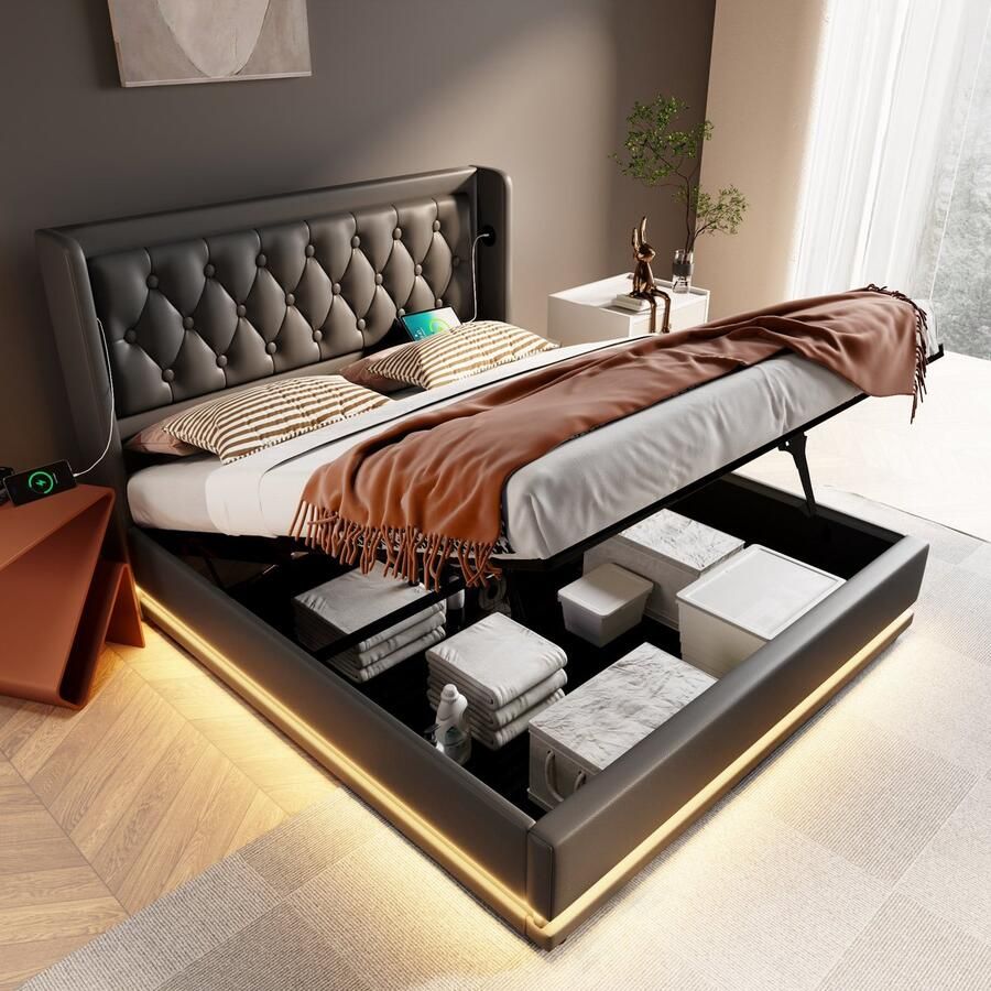 Merax Gestoffeerd Tweepersoonsbed 160x200 cm met Matras en Hydraulische Opbergruimte – Zwart PU Kunstleer – Bed met USB Type‑C Aansluiting en LED Verlichting