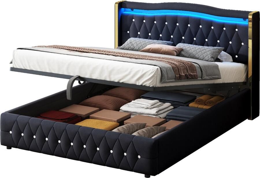 Merax Gestoffeerd Tweepersoonsbed 160x200 cm met Opbergruimte LED Verlichting en Luxe Fluwelen Stof Zwart