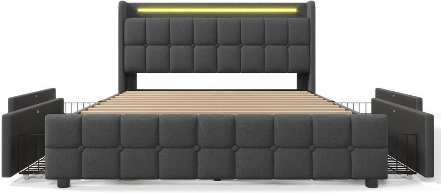 Merax Gestoffeerd Tweepersoonsbed 160x200 cm met Opberglades Bed met LED Verlichting en USB-Laadfunctie Grijs - Foto 2