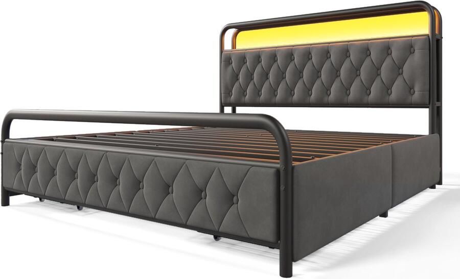 Merax Boxspring Bed 160x200 cm met USB-C Oplaadfunctie – App-Control LED Verlichting – Metalen Bedframe & 4 Opberglades – Grijs (Excl. Matras)