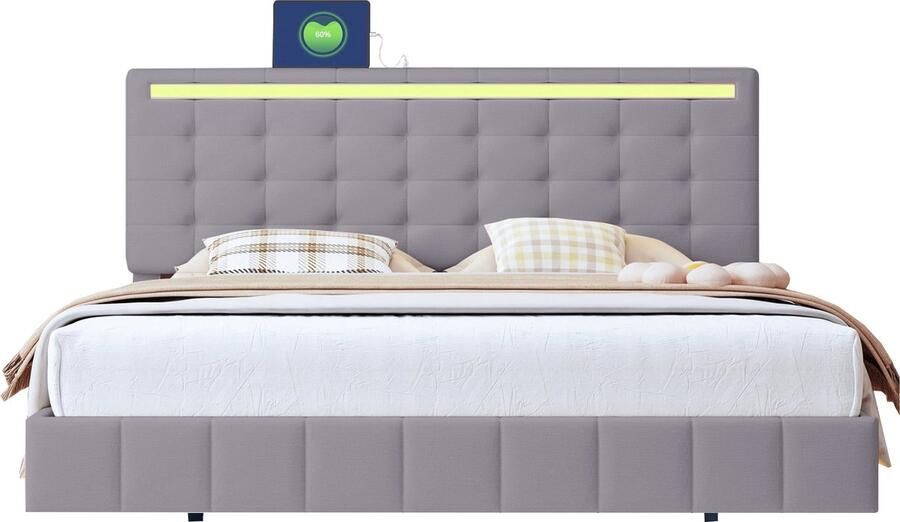 Merax Gestoffeerd Bed 160x200 cm Zwevend Design met LED Verlichting en Verstelbaar Hoofdbord Grijs Zonder Matras