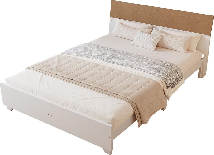 Merax Gestoffeerd Tweepersoonsbed 160x200cm Houten Bed met Kleurrijk Hoofdbord Wit met Bruin