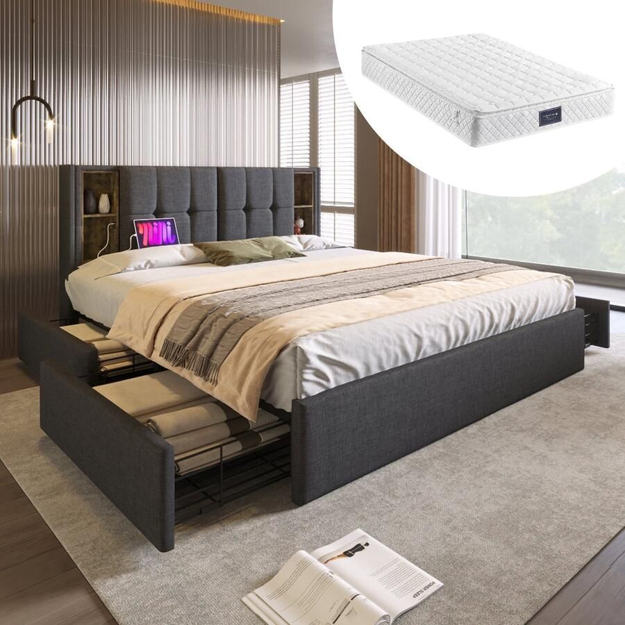 Merax Gestoffeerd Tweepersoonsbed 160x200cm Inclusief Koudschuim Matras Bed met Draadloos Oplaadfunctie en USB-C Aansluiting Bedframe met 4 Lades Grijs